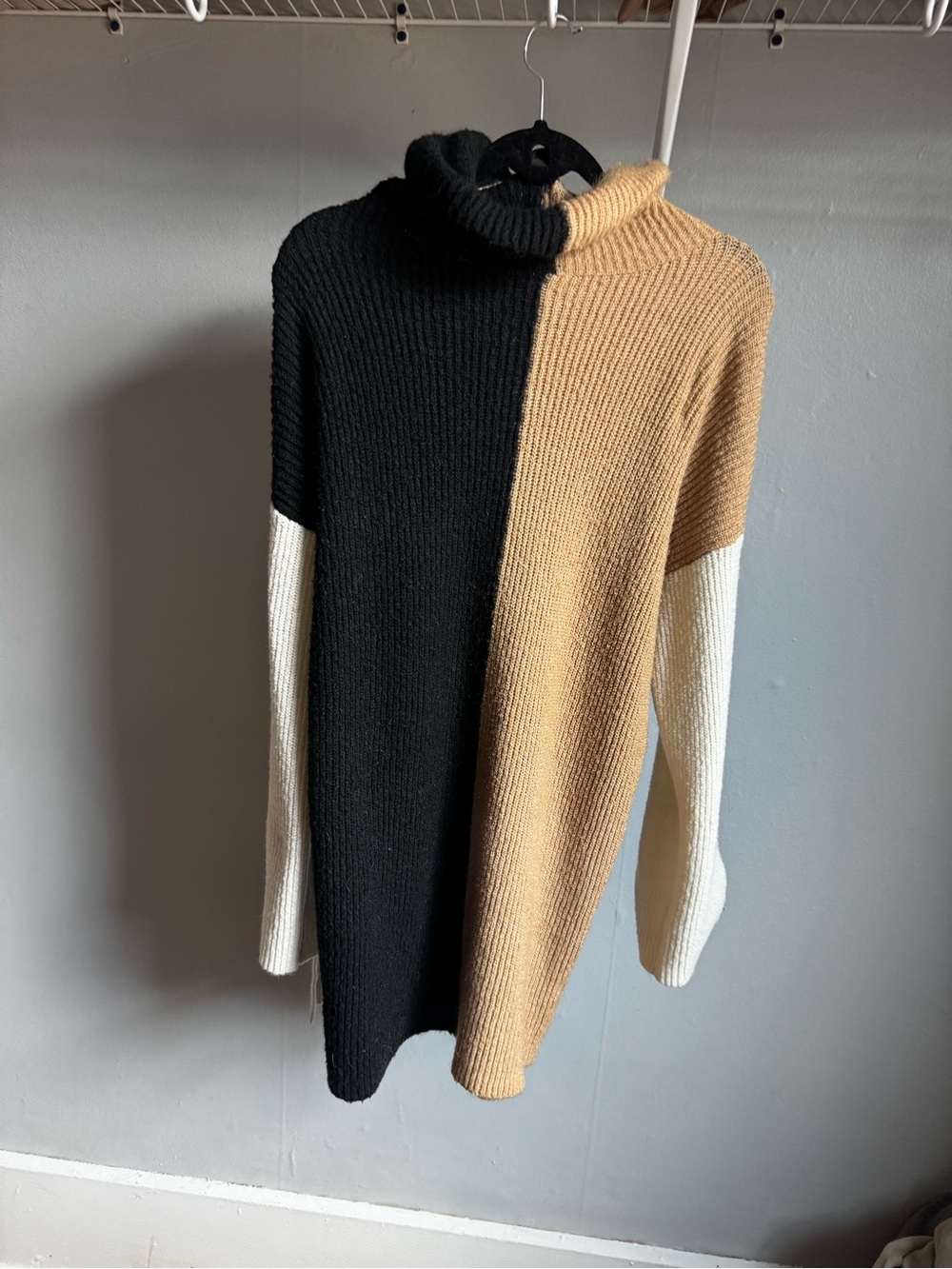 Blu Pepper Colorblock Turtleneck Sweater Dress in Black, Camel & Cream